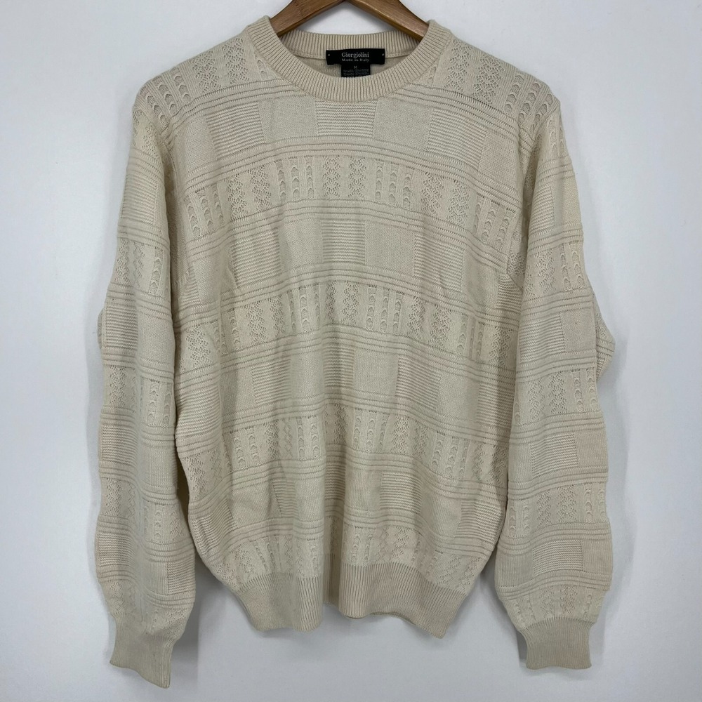 Giorgiolini Made in Italy Mens Wool Blend Textured Knit Crewneck Sweater Cream M